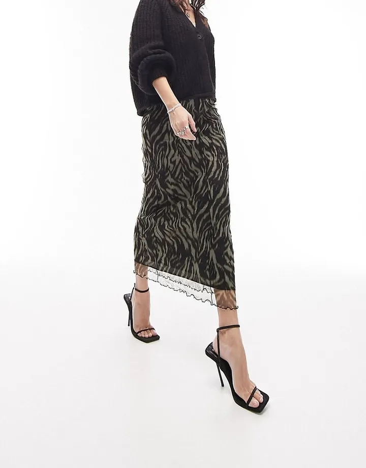 Topshop crinkle seamed animal print midi skirt in neutral