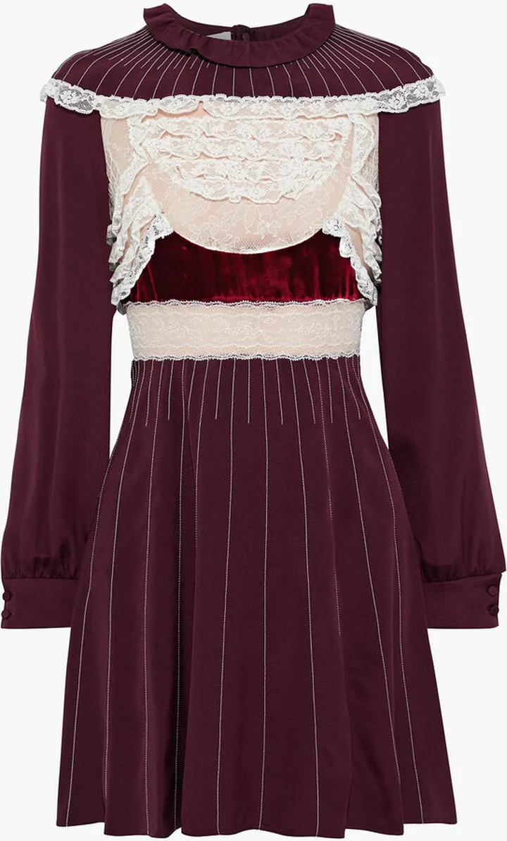 Velvet-trimmed Chantilly lace-paneled silk-jersey mini dress