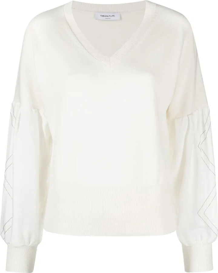 bead-embellished V-neck knitted jumper