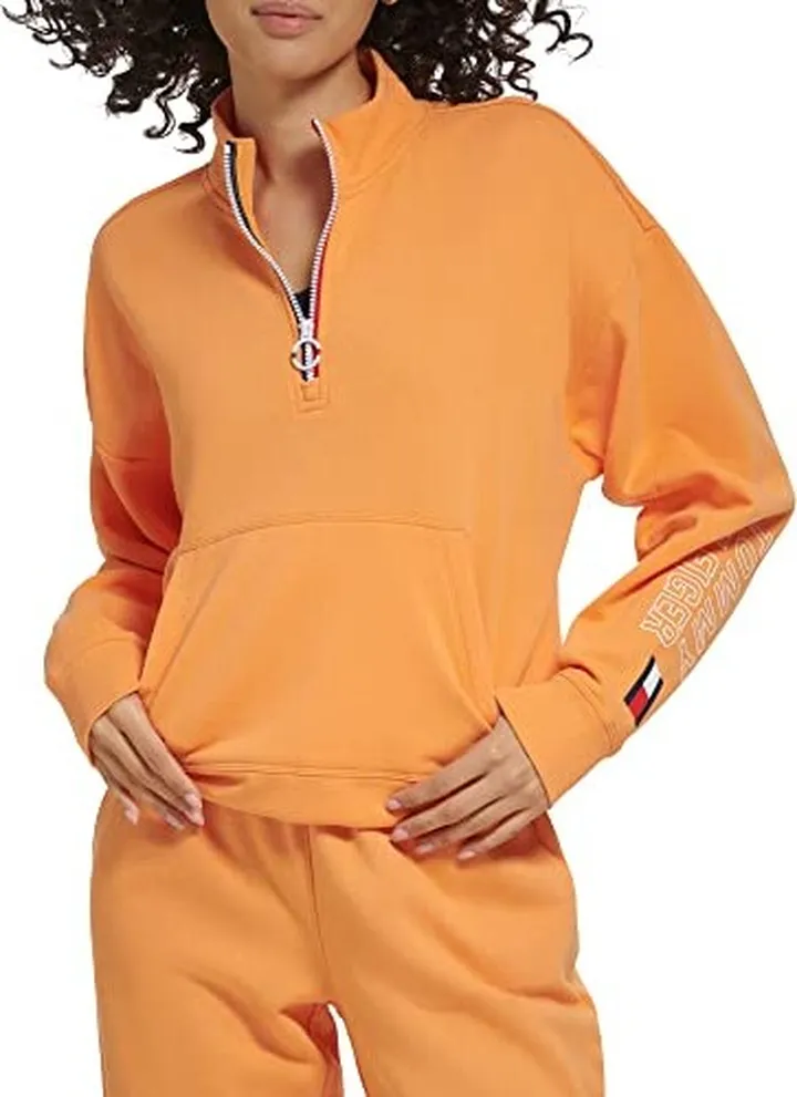 Tommy Hilfiger Women's Gathered Hem with Bungee Kanga Pocket Ring Puller On Zipper Quarter Zip