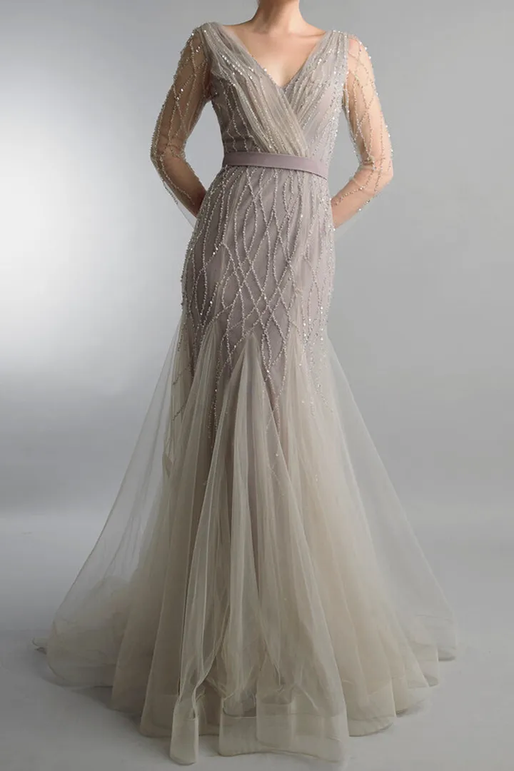 Long Sleeve Beaded Godet Gown