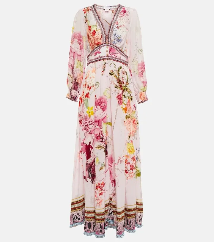 Embellished floral silk maxi dress
