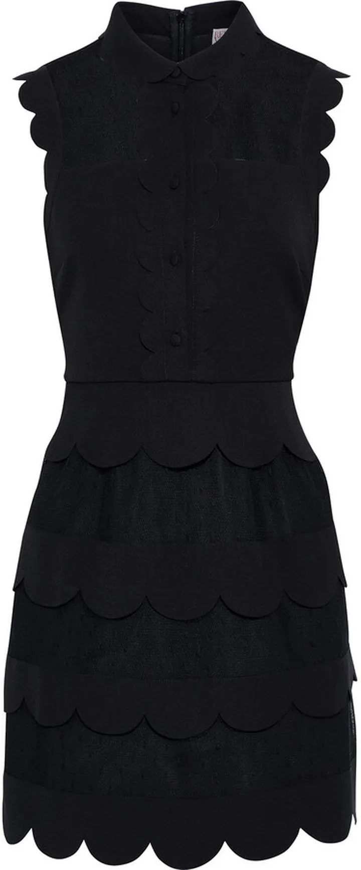 Point d'esprit-paneled scalloped tiered crepe mini dress