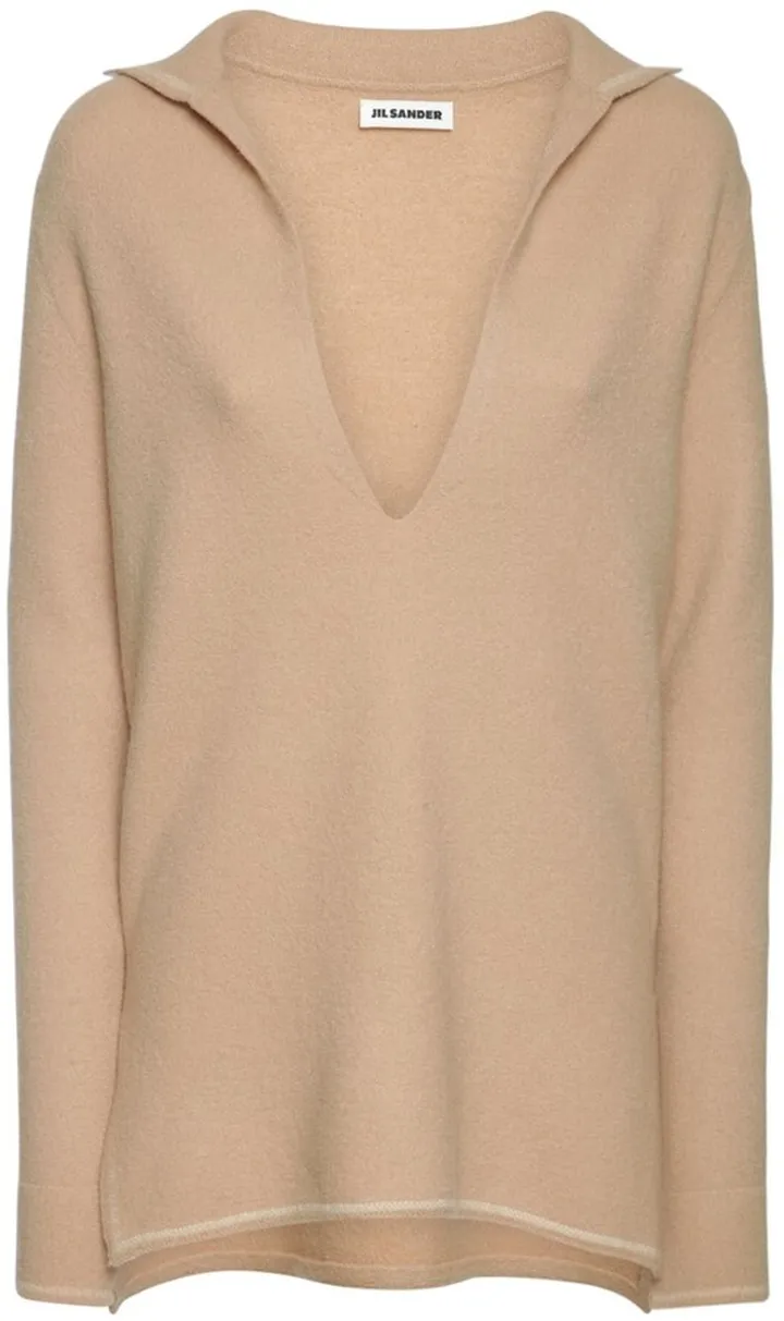 Boiled wool knit V neck sweater
