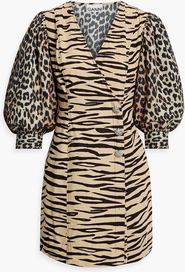 Printed cotton-poplin mini wrap dress