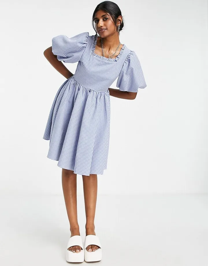 Sister Jane tie back mini smock dress in blue gingham