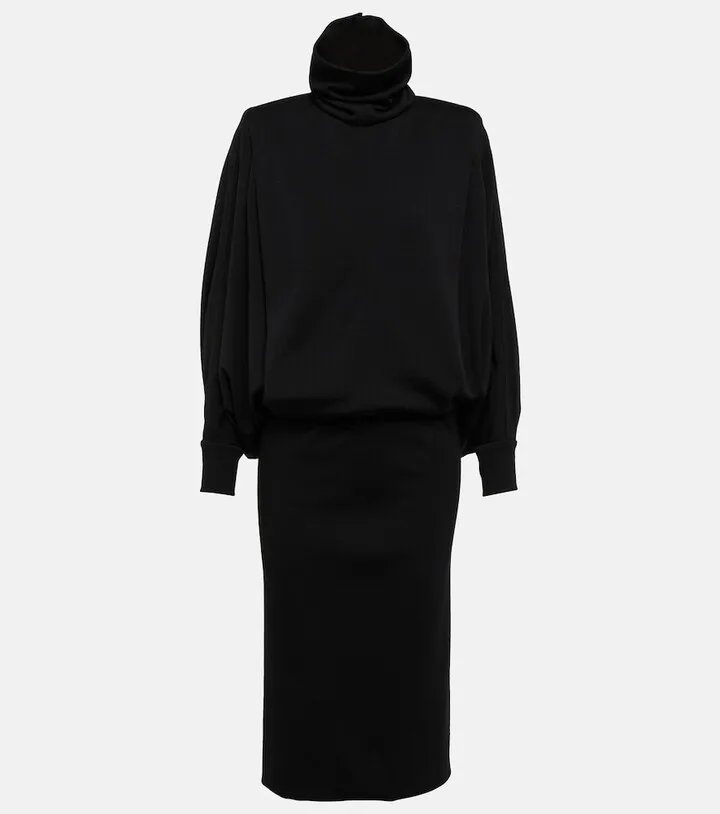 Tulle-trimmed wool jersey maxi dress