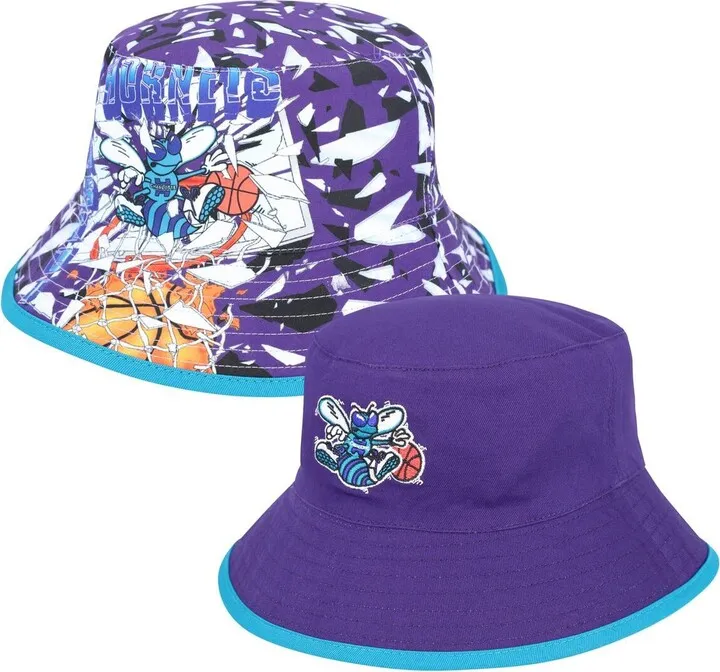 Men's Mitchell & Ness Purple Charlotte Hornets Hardwood Classics Shattered Big Face Reversible Bucket Hat