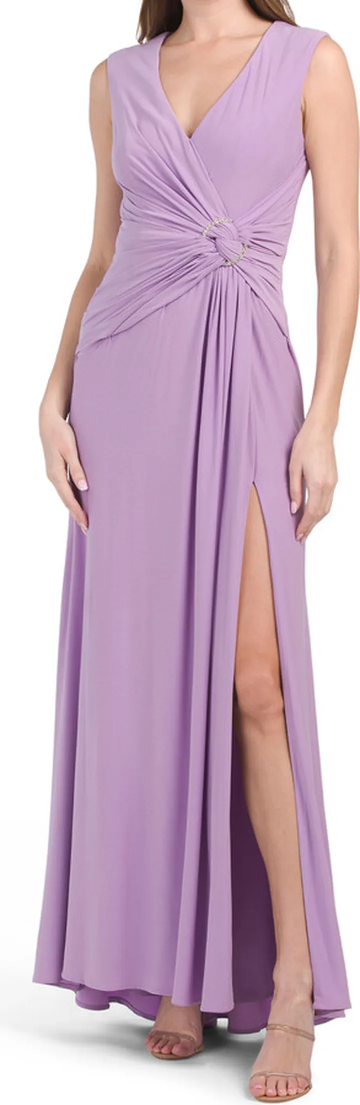 V-neck Gown With Twist Waist And Bejeweled Ring