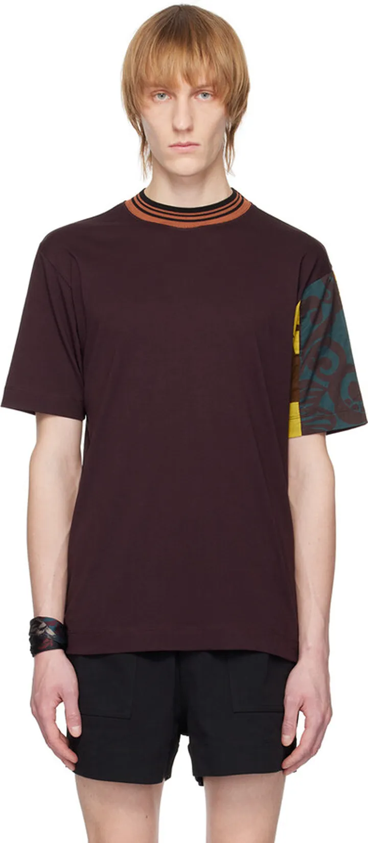 Dries Van Noten Burgundy Patchwork Sleeve T-Shirt
