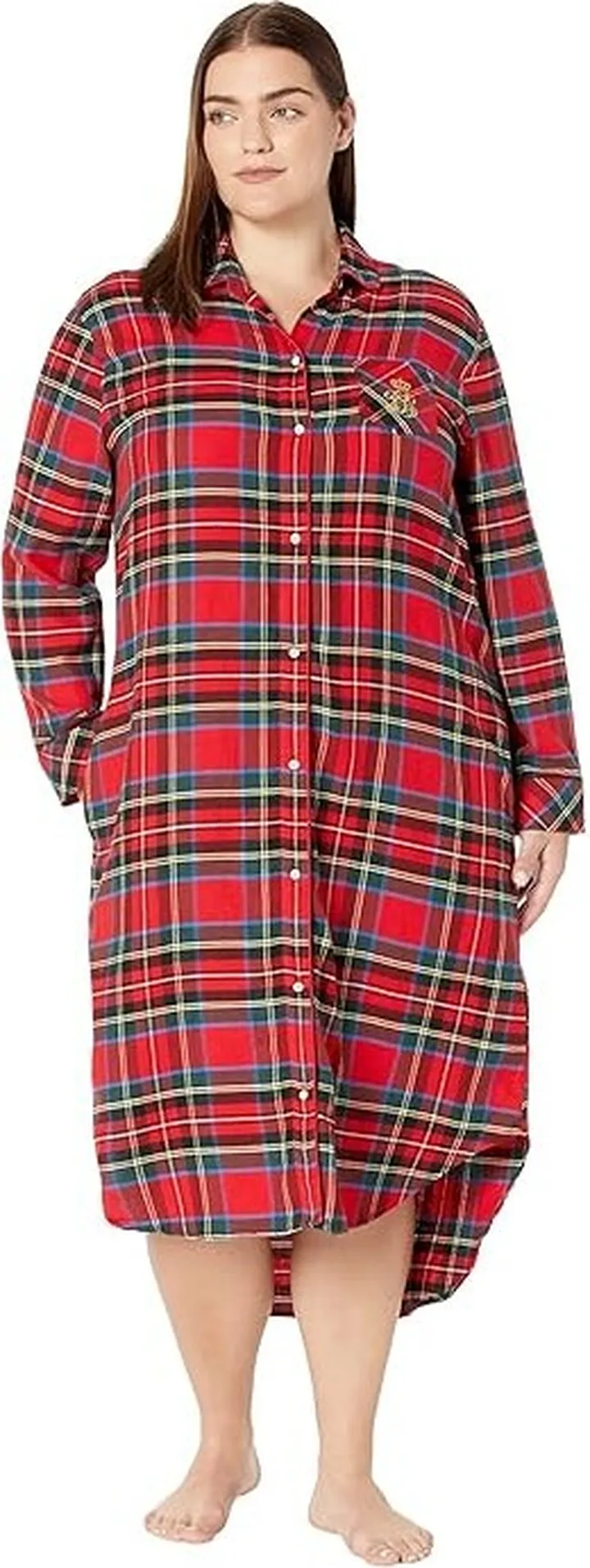 LAUREN Ralph Lauren Plus Size Long Sleeve Rounded Collar Ballet Sleepshirt (Red Plaid) Women's Pajama