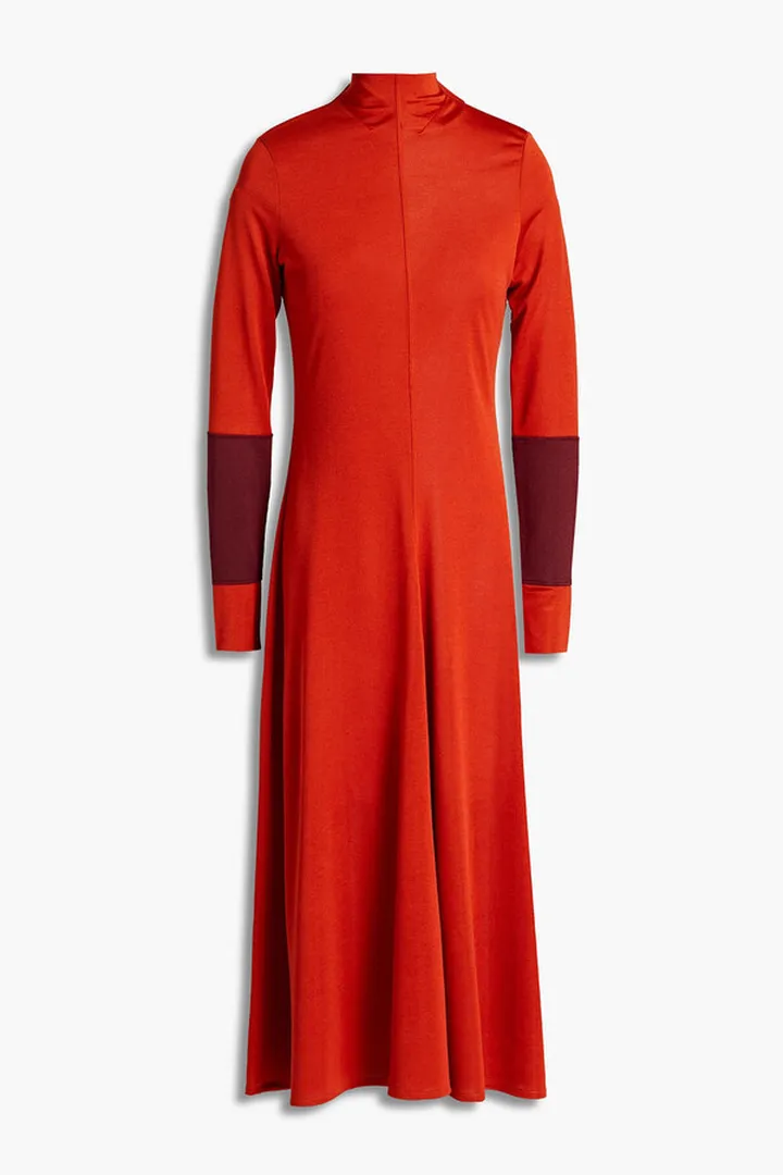 Two-tone jersey turtleneck midi dress