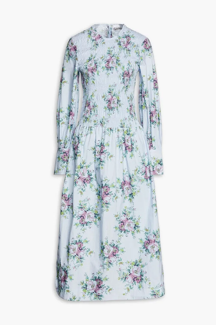 Shirred floral-print organic cotton-poplin midi dress
