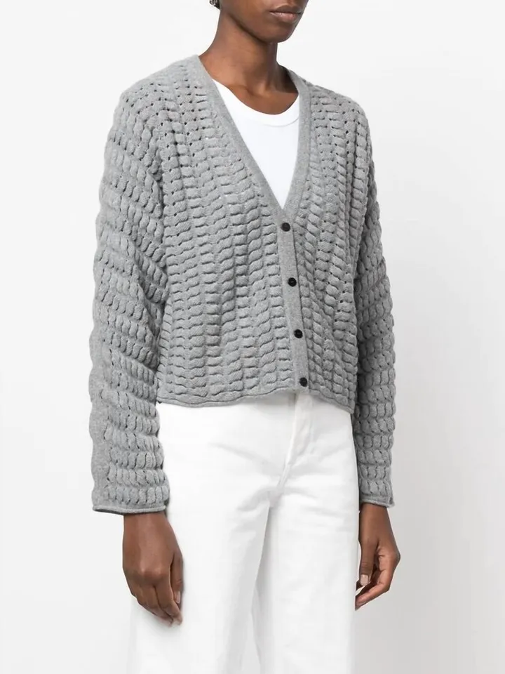 Cable-Knit V-Neck Cardigan in Grey Heather