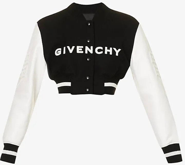 Womens Black White Varsity Logo-embellished Cropped Wool-blend Jacket