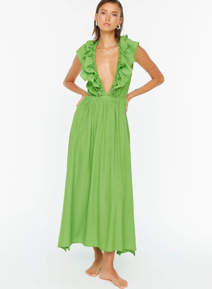 Plunge Neck Ruffle Detail Dress