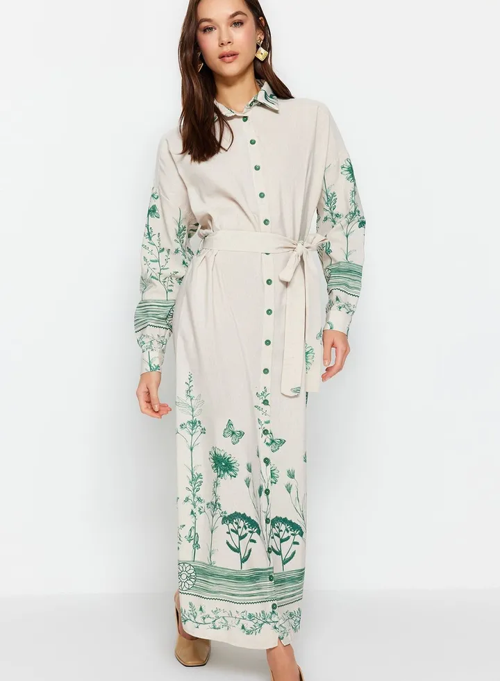 Belted Floral Print Shirt Dress