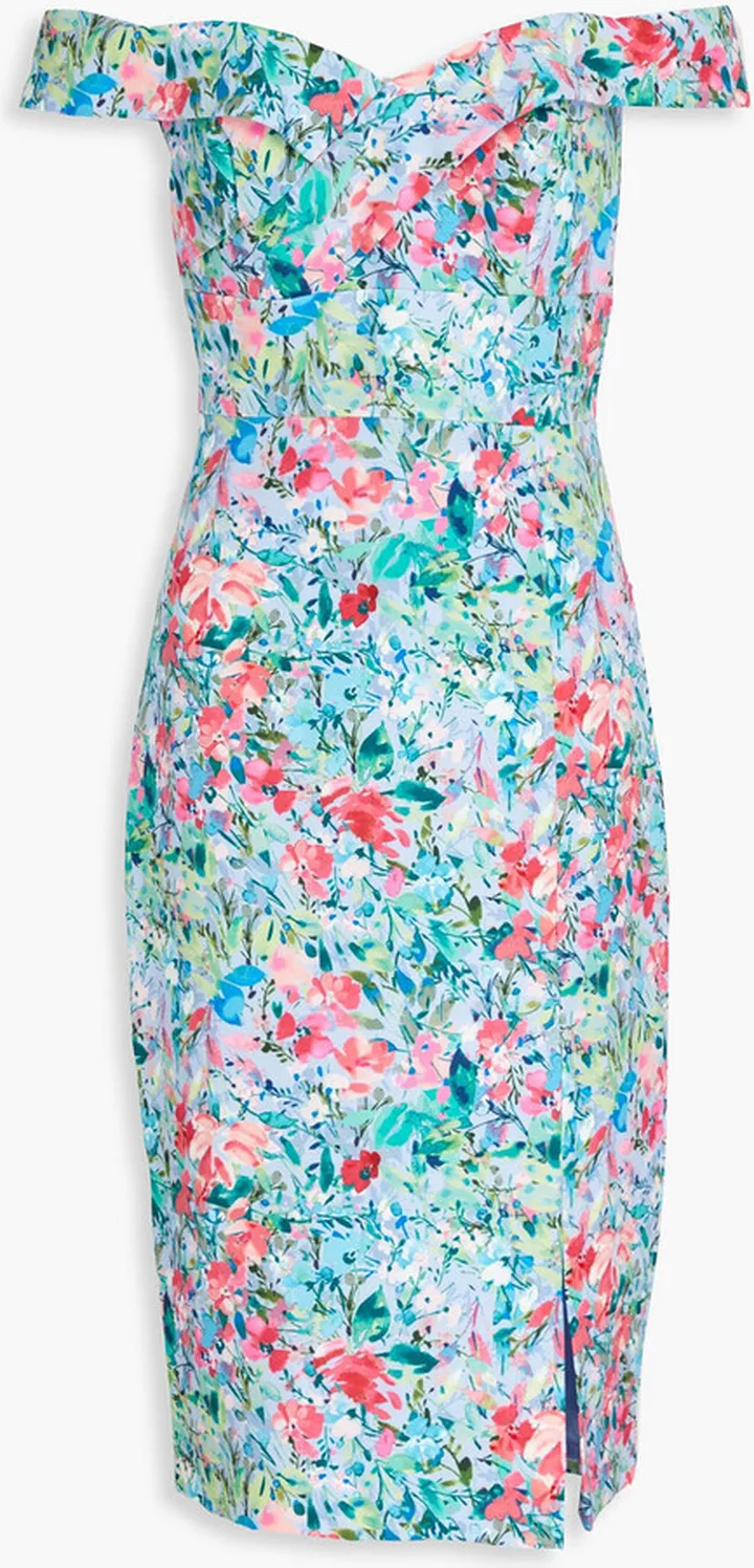 Off-the-shoulder wrap-effect floral-print crepe dress