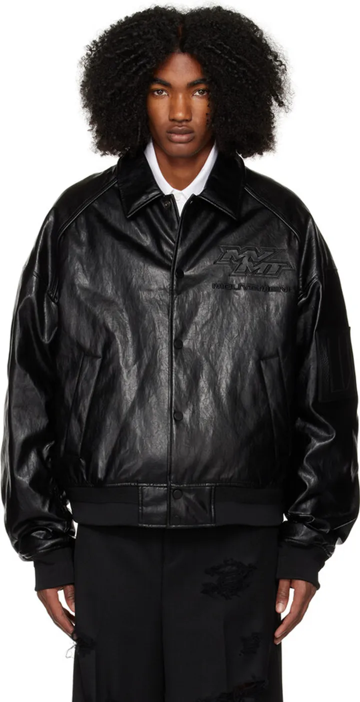 Juun.J Black Embroidered Faux-Leather Jacket