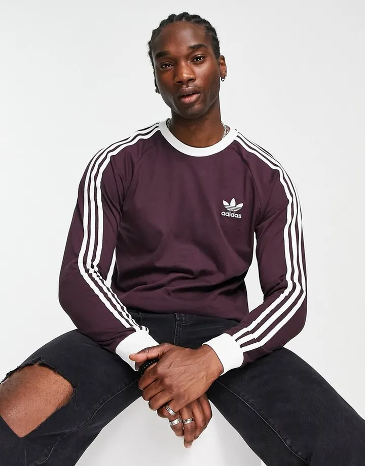 adidas Originals adicolor 3-Stripes boyfriend fit long sleeve top in burgundy