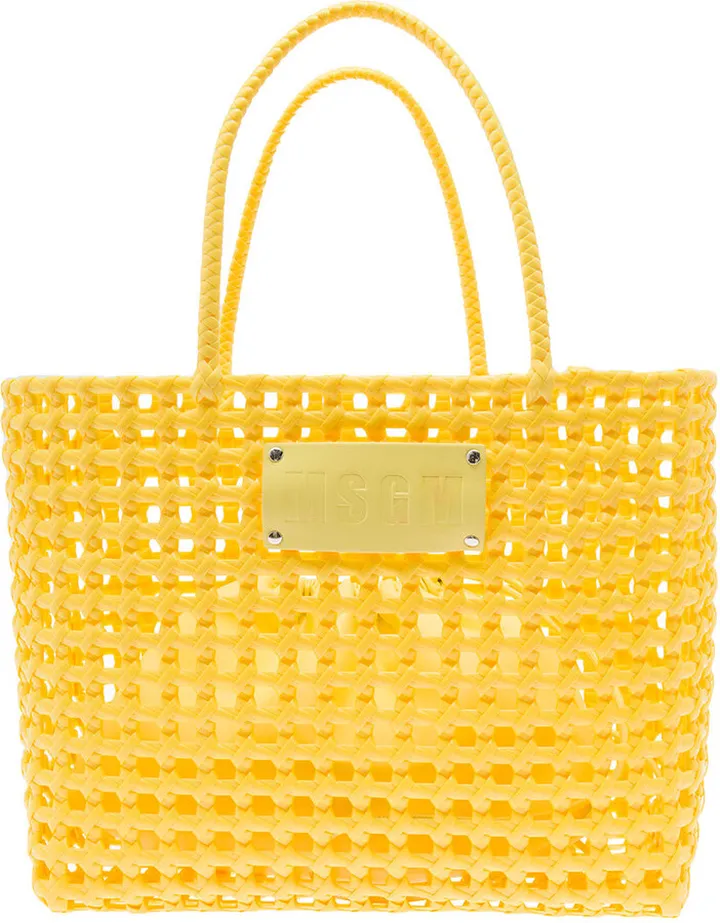 Yellow Tote Bag With Logo Patch In Braided Rubber Woman