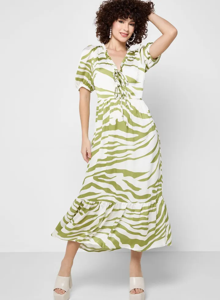 Plunge Neck Printed Dress
