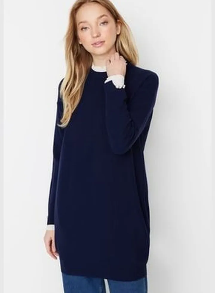 Navy Blue Sleeves Pearl Detailed Knitwear Sweater TCTAW23AK00027