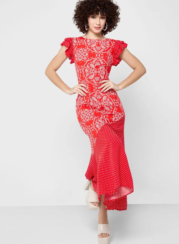 Puff Sleeve Ruffle Detail Dress