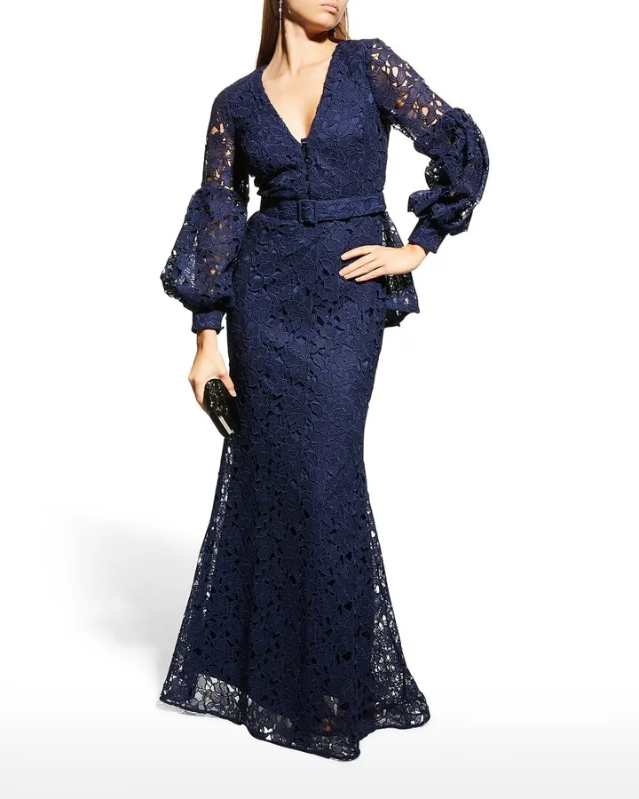 Scalloped V-Neck Puff-Sleeve Lace Peplum Gown