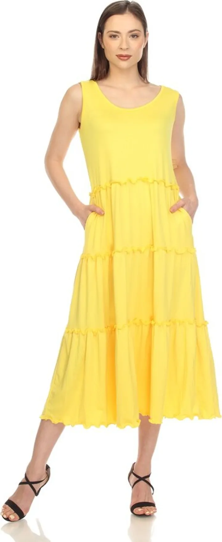 Women's Scoop Neck Tiered Midi Dress Canary Yellow Large -White Mark
