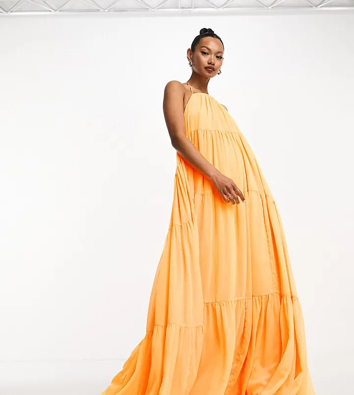 ASOS DESIGN channel detail halter neck trapeze tiered maxi dress in bright orange