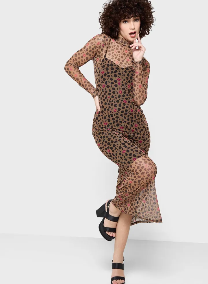 High Neck Printed Dress