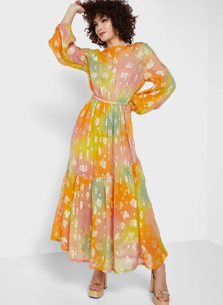 Foil Print Balloon Sleeve Dress