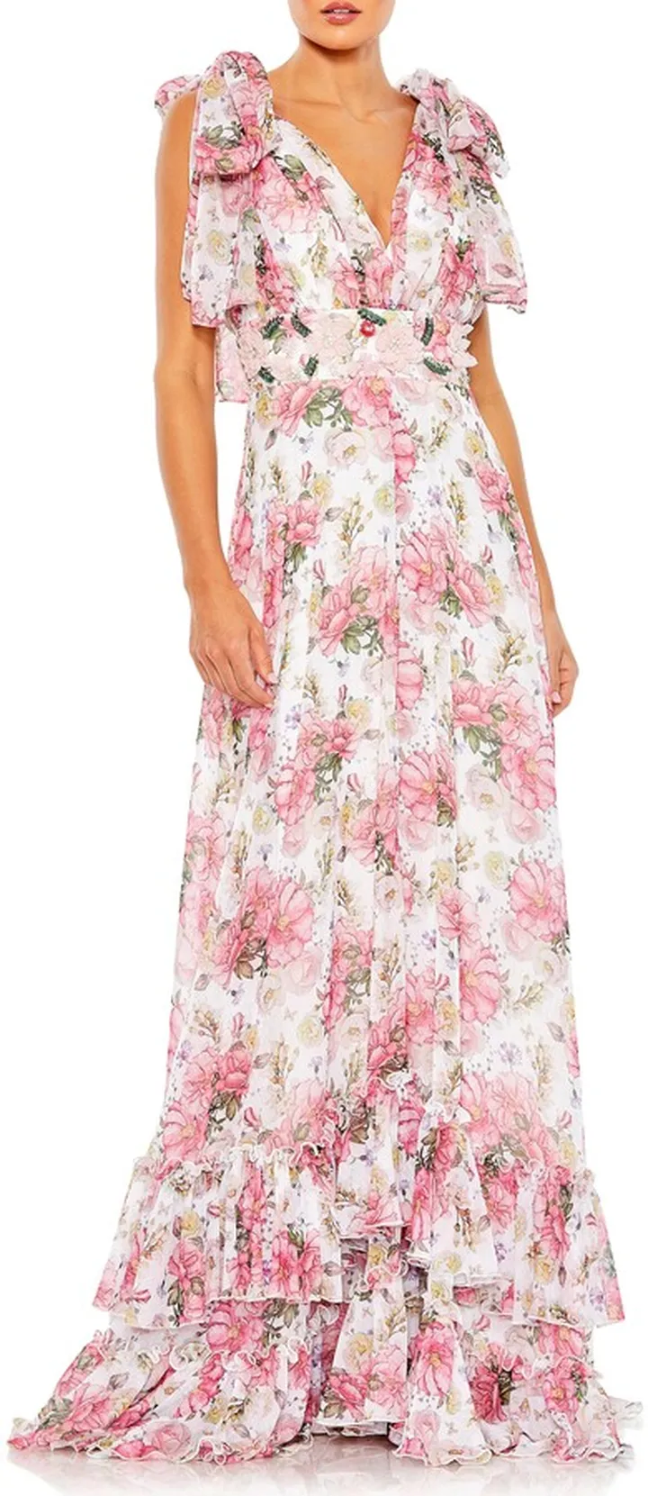 Ruffle Floral Print Chiffon Gown