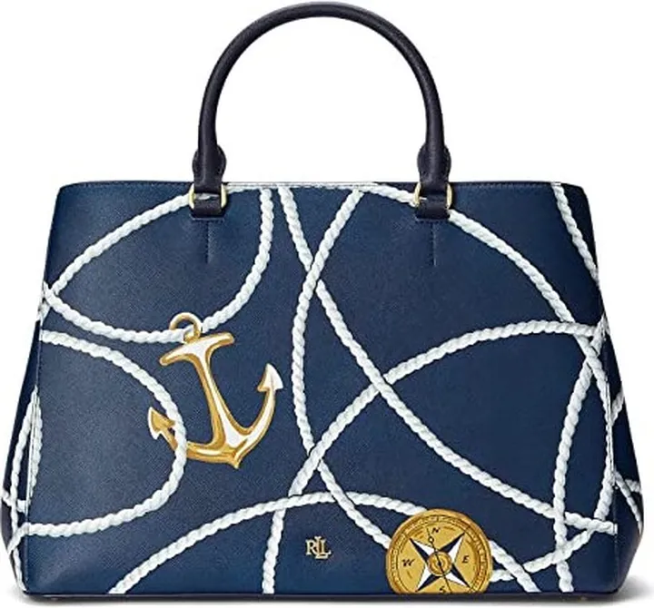 LAUREN Ralph Lauren Crosshatch Leather Large Hanna Satchel (Nautical Rope Print) Handbags