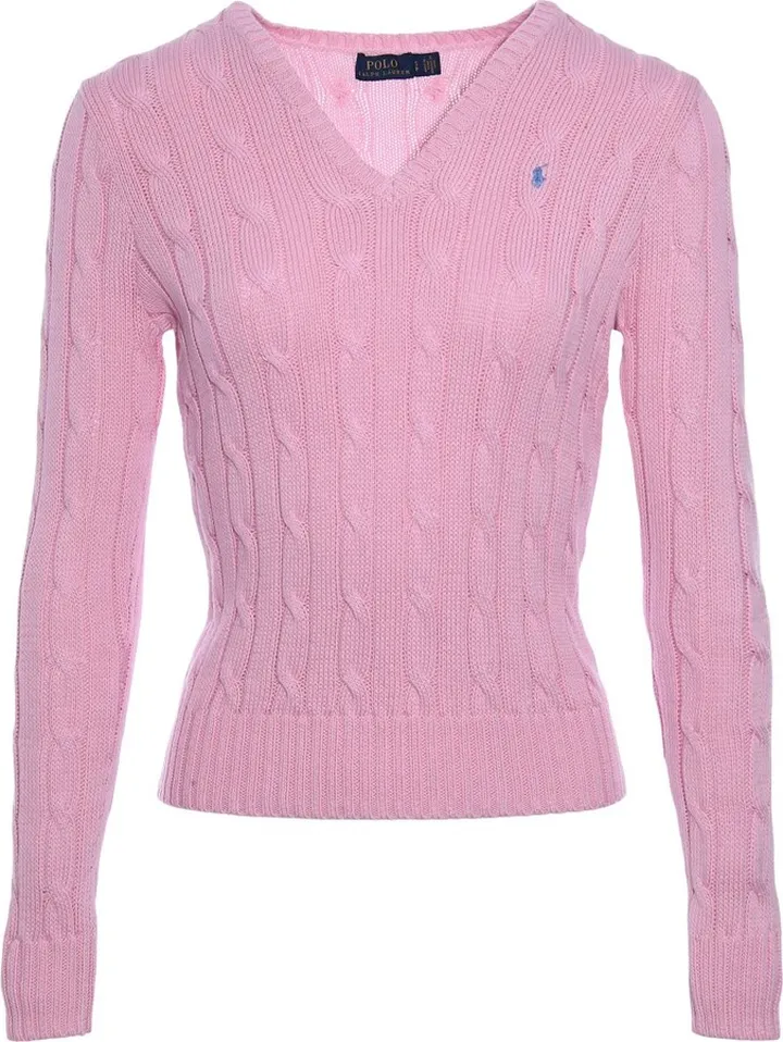 Pink cable knit v-neck sweater with small frontal embroidered logo from Polo Ralph Laurent.