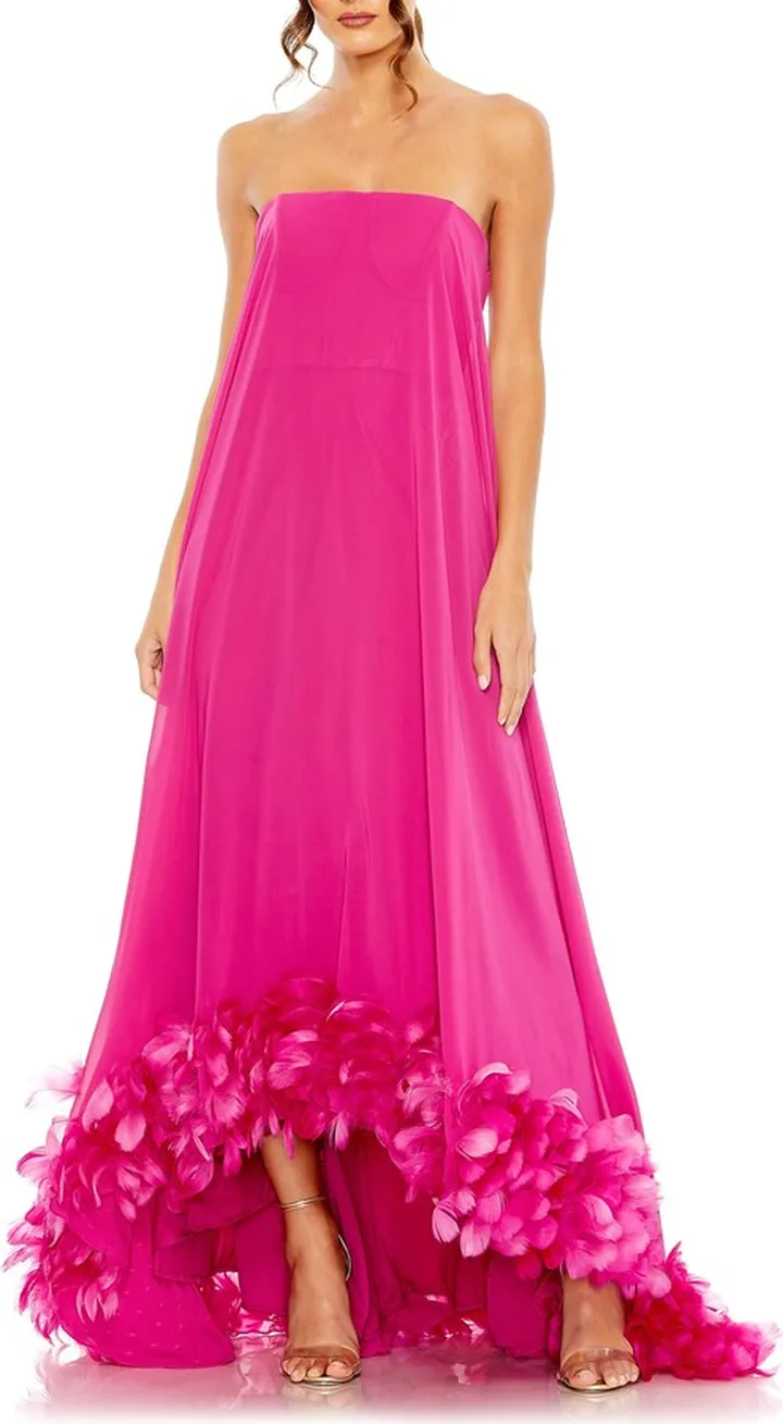 Strapless Feather Hem High Low Gown