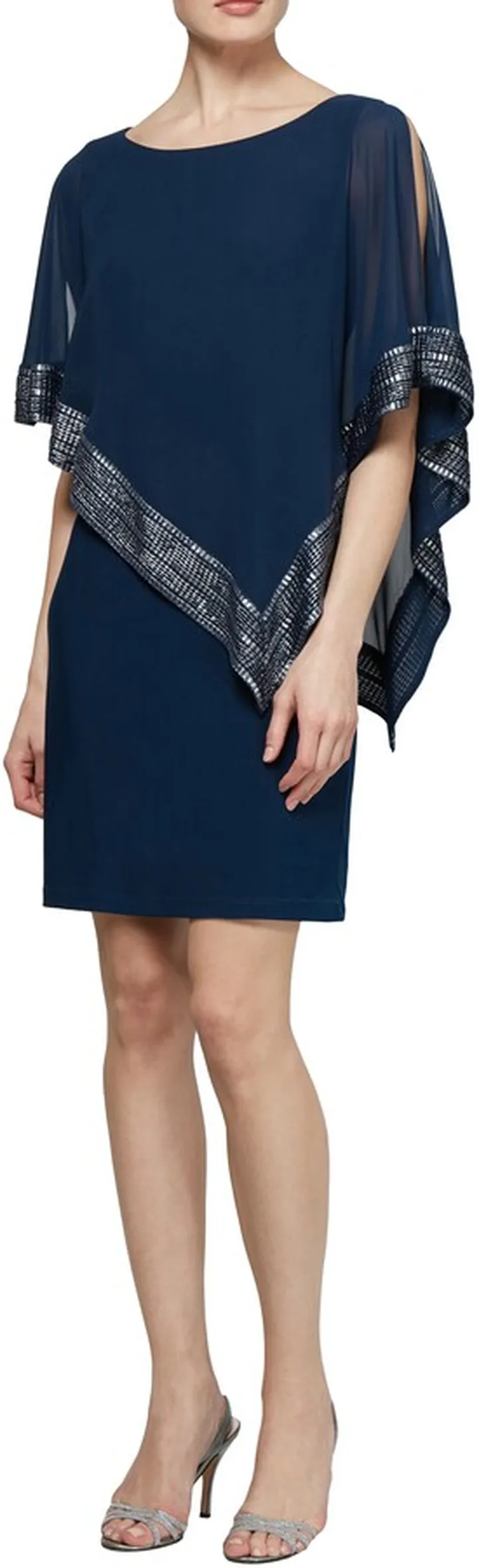 Foil Trim Asymmetrical Popover Capelet Sheath Dress