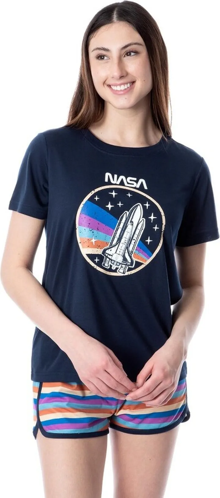 NASA Womens' Retro Stripes Rocket Sleep Pajama Set Shorts Crewneck (X-Small) Multicoloured