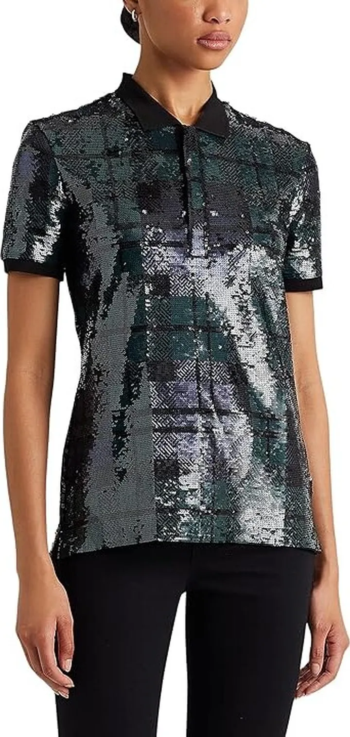 LAUREN Ralph Lauren Plaid Sequined Polo Shirt (Polo Black Multi) Women's Clothing