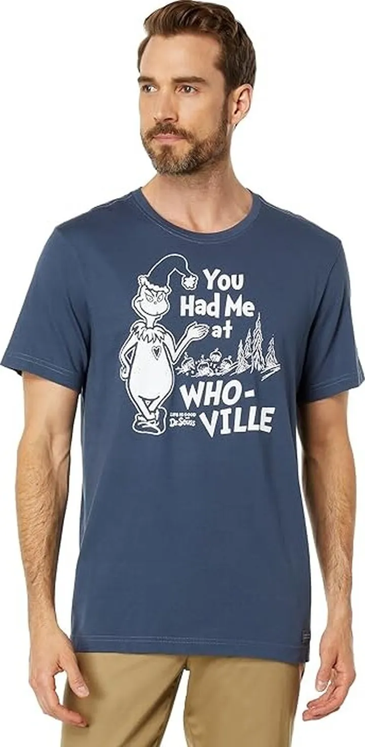 Life is Good Retro Grinch Had Me At Who-Ville Crusher Tee (Darkest Blue) Men's Clothing