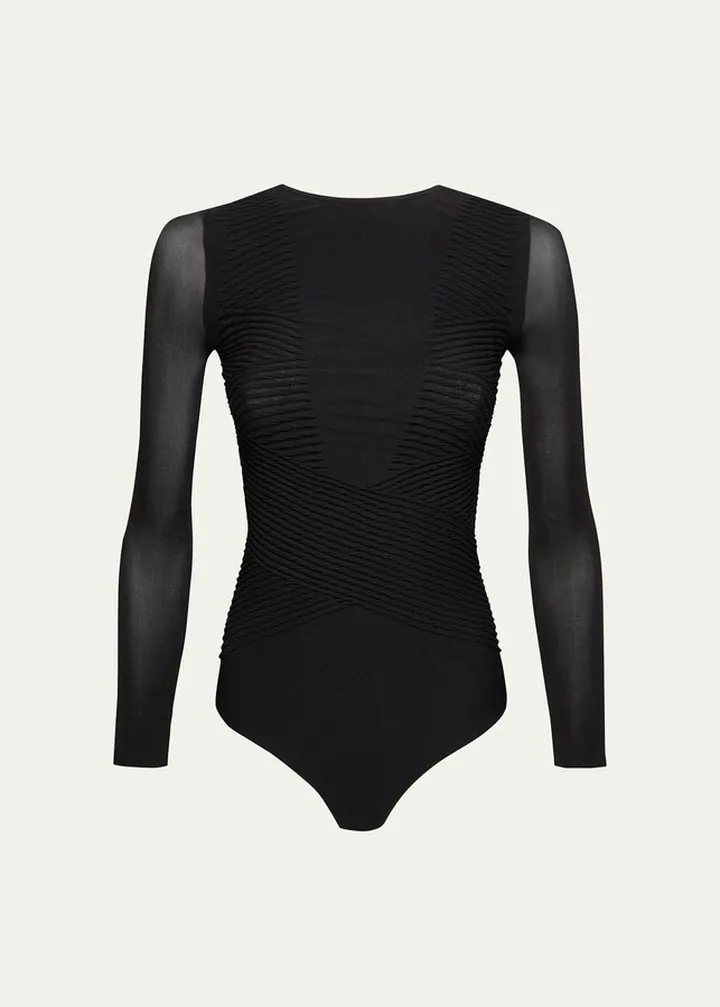 Pleated Shaping Sheer-Sleeve Bodysuit