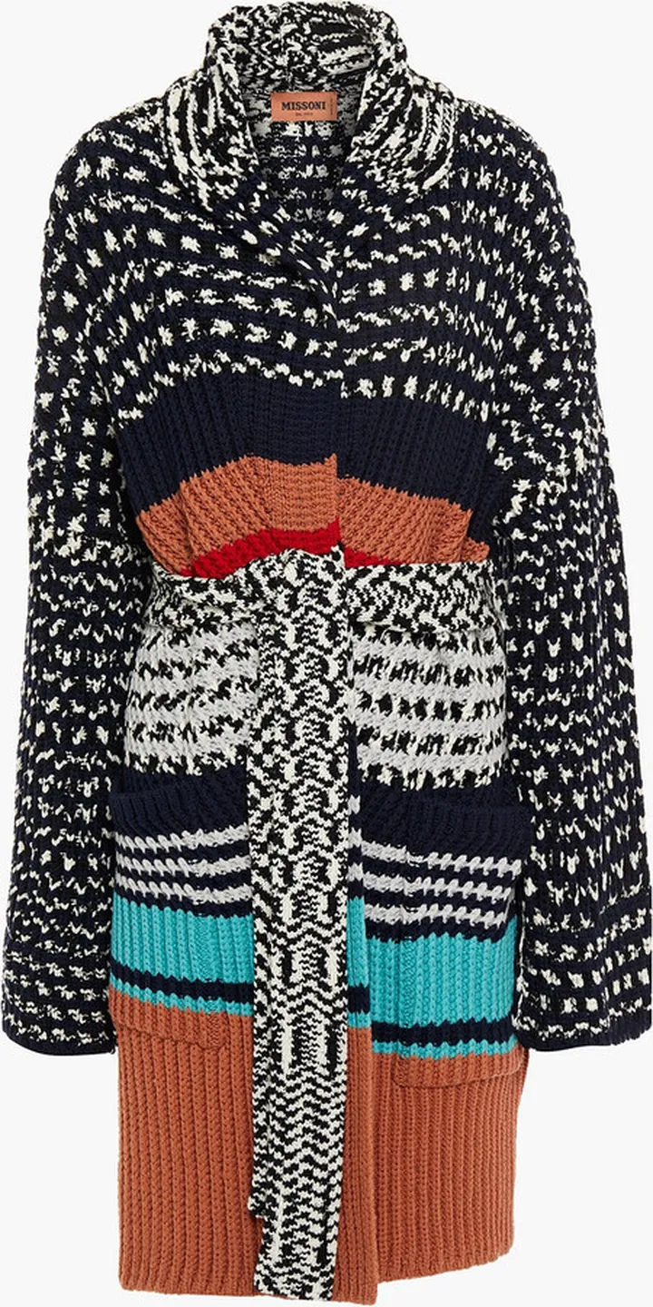 Belted crochet-knit wool coat