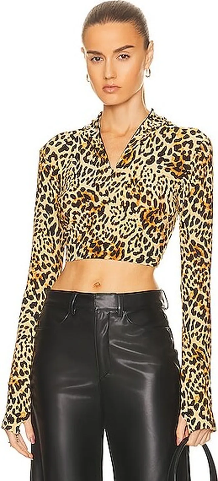 Norma Kamali Long Sleeve Turtleneck Skull Cap Cropped Top in Brown
