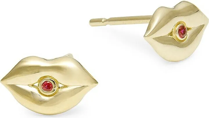 14K Yellow Gold & Ruby Lip Stud Earrings