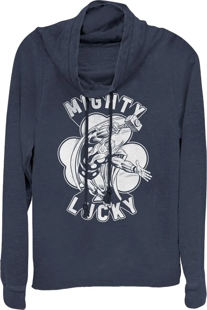 Junior's Marvel St. Patrick's Day Thor Mighty Lucky Clover Cowl Neck Sweatshirt - Navy Blue - X Small