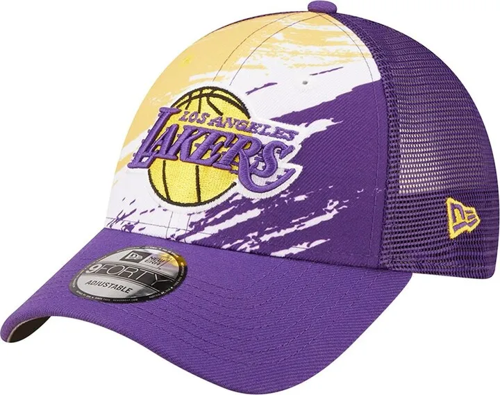 Men's New Era Purple Los Angeles Lakers Marble 9FORTY Trucker Snapback Hat