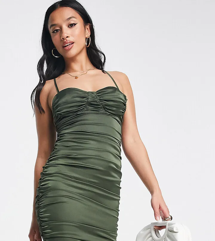 Parisian Petite ruched satin mini body-conscious dress in khaki