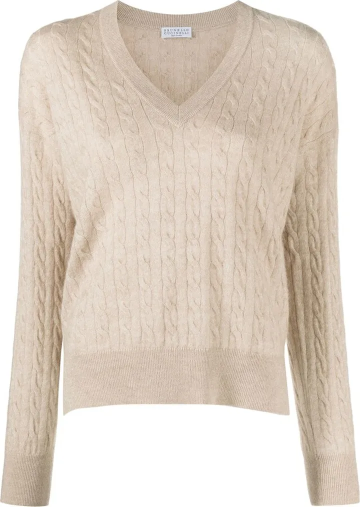 cable-knit V-neck jumper