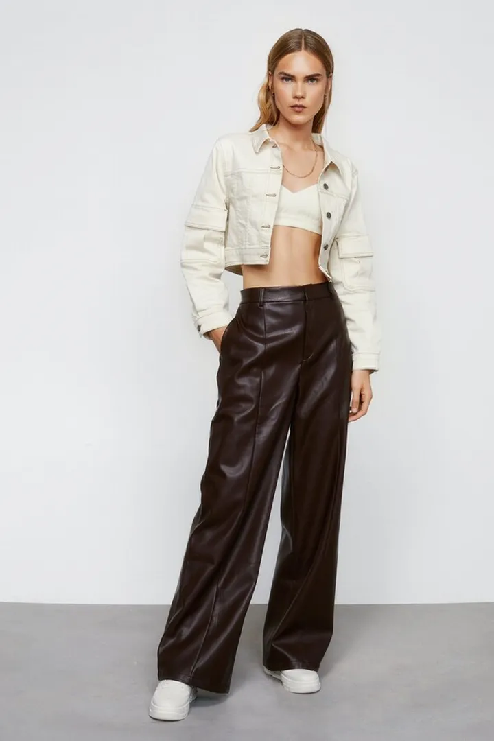Nasty Gal Womens Faux Leather Seam Front Wide Leg Pants